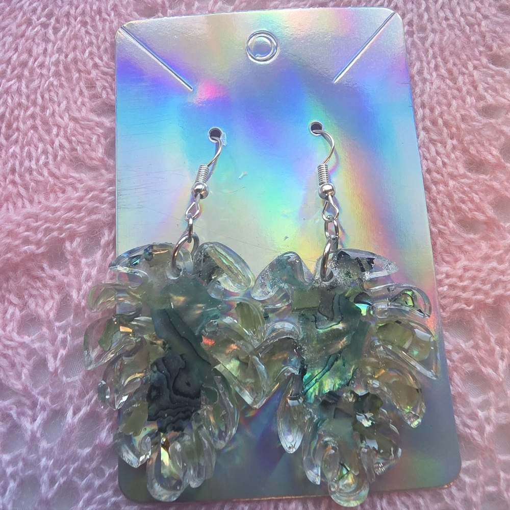 Abalone Monster Leaf Dangle / Drop Earrings All Stainless Steel Metal